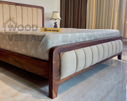 Sheesham Wood Bed with Upholstered Head Board & Foot Board, Solid Wood in Natural Finish, Modern Design | Queen Size - (78"x60") | Without Mattress & Side Tables | Low Highted | DQ - 5 - N