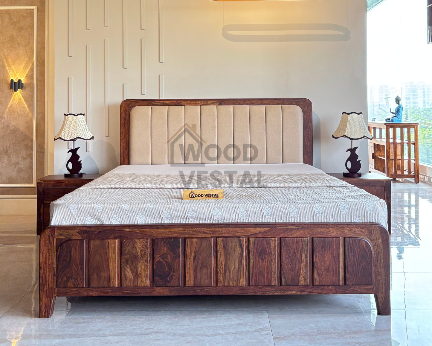 Wood Vestal Sheesham Wood Bed with Upholstered Head & Vertical Slat Foot, Solid Wood in Natural Finish, Modern Design | Queen Size - (78"x60") Without Mattress & Side Tables | Low Hight | WS - QVG - 5'