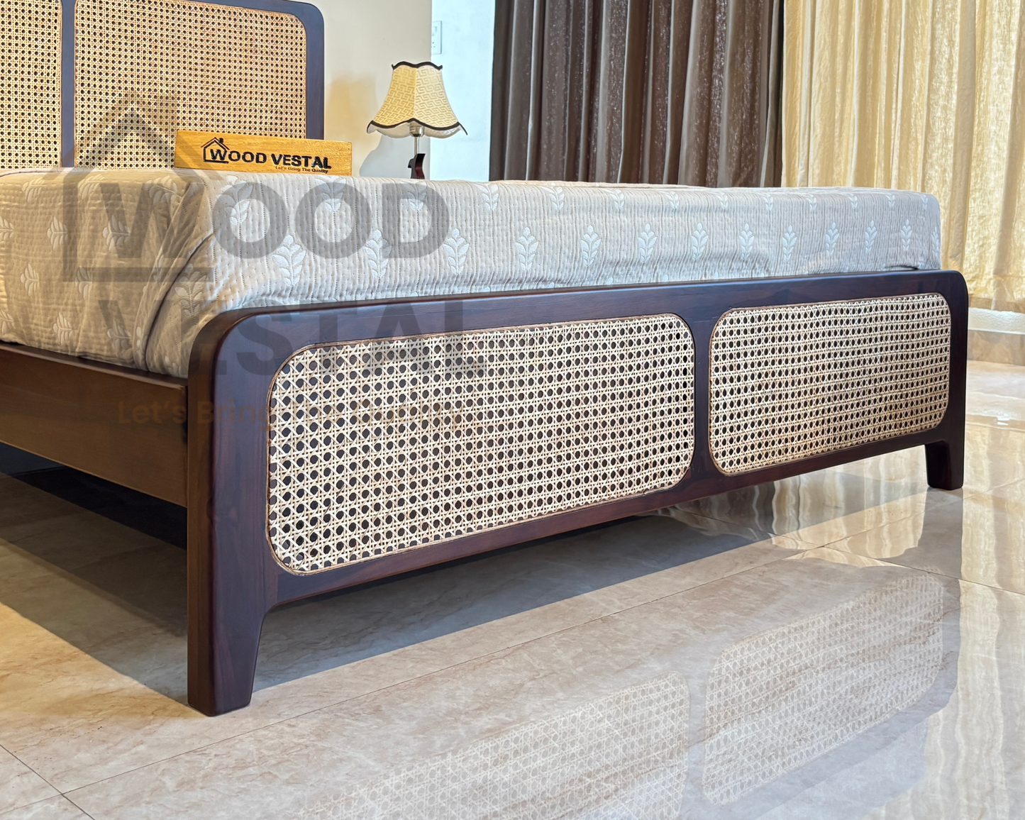 Wood Vestal Sheesham Wood Bed with Cane Rattan Headboard & Footboard, Solid Wood in Natural Finish, Modern Design | Queen Size - (78"x60") | Without Mattress & Side Tables | Low Highted | WS -CN - 5 - D