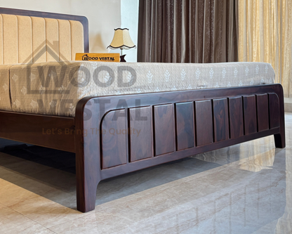 Wood Vestal Sheesham Wood Bed with Upholstered Head & Vertical Slat Foot, Solid Wood in Natural Finish, Modern Design | King Size - (78"x72") Without Mattress & Side Tables | Low Hight | WS - QVG - 6 - D