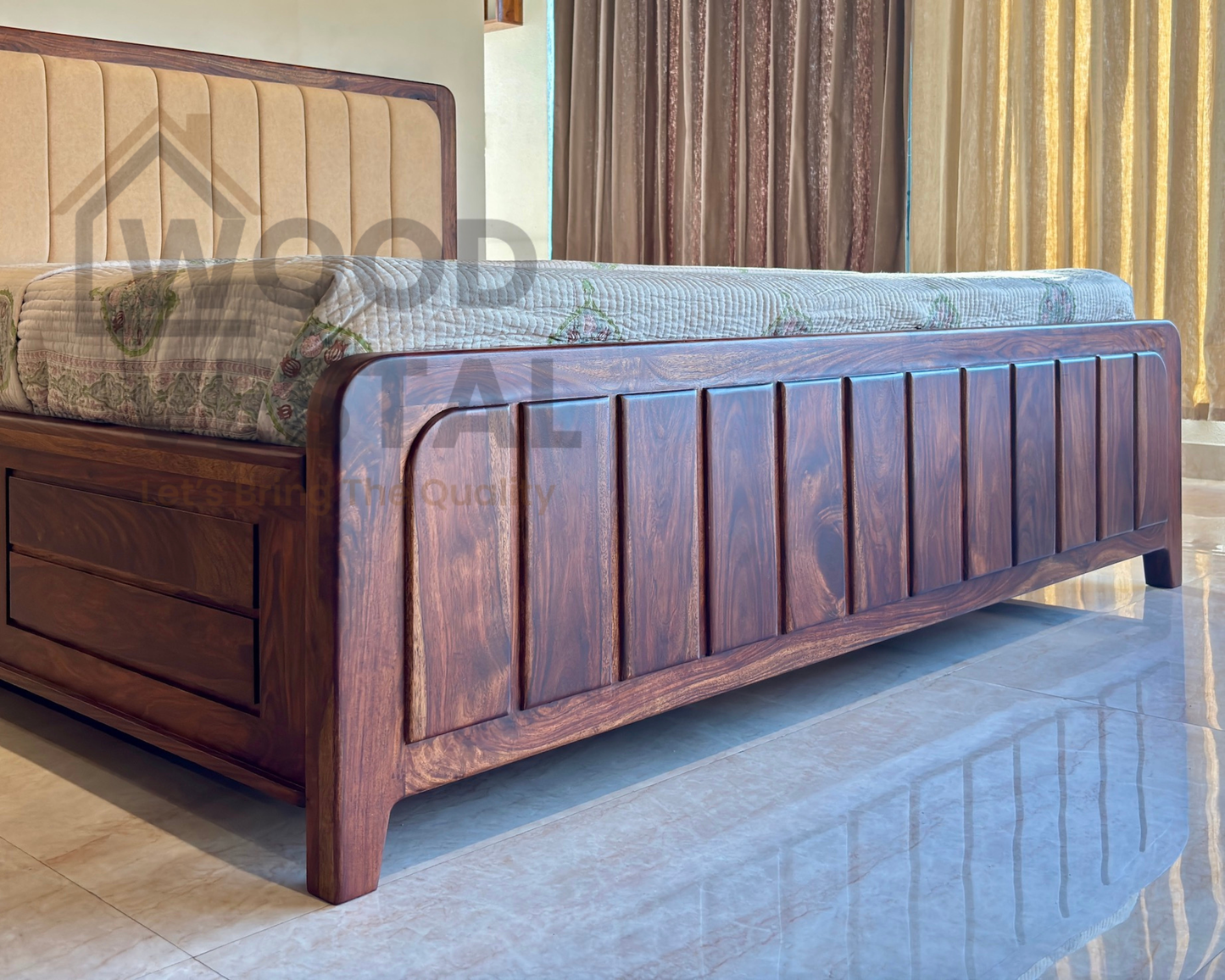 Wood Vestal Sheesham Wood Bed with Upholstered Head & Vertical Slat Foot, Solid Wood in Natural Finish, Modern Design | Queen Size - (78"x60") Without Mattress & Side Tables | With Storage | Storage - QVG - 5 - N