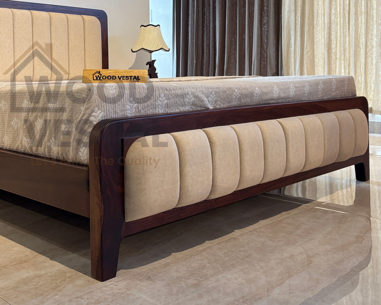 Wood Vestal Sheesham Wood Bed with Upholstered Head & Foot, Solid Wood, Modern Design | King Size - (78"x72") | Without Mattress & Side Tables | Low Highted | WS - DQ - 6 - D