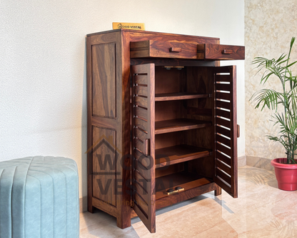 Sheesham Wood Shoe Rack with Drawers - Natural Finish