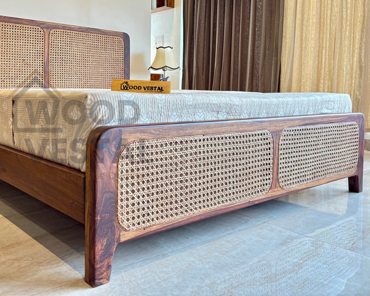 Wood Vestal Sheesham Wood Bed with Cane Rattan Headboard & Footboard, Solid Wood in Natural Finish, Modern Design | Queen Size - (78"x60") | Without Mattress & Side Tables | Low Highted | WS -CN - 5 - N