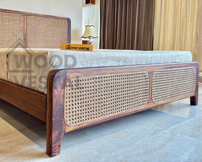 Wood Vestal Sheesham Wood Bed with Cane Rattan Headboard & Footboard, Solid Wood in Natural Finish, Modern Design | Queen Size - (78"x60") | Without Mattress & Side Tables | Low Highted | WS -CN - 5 - N