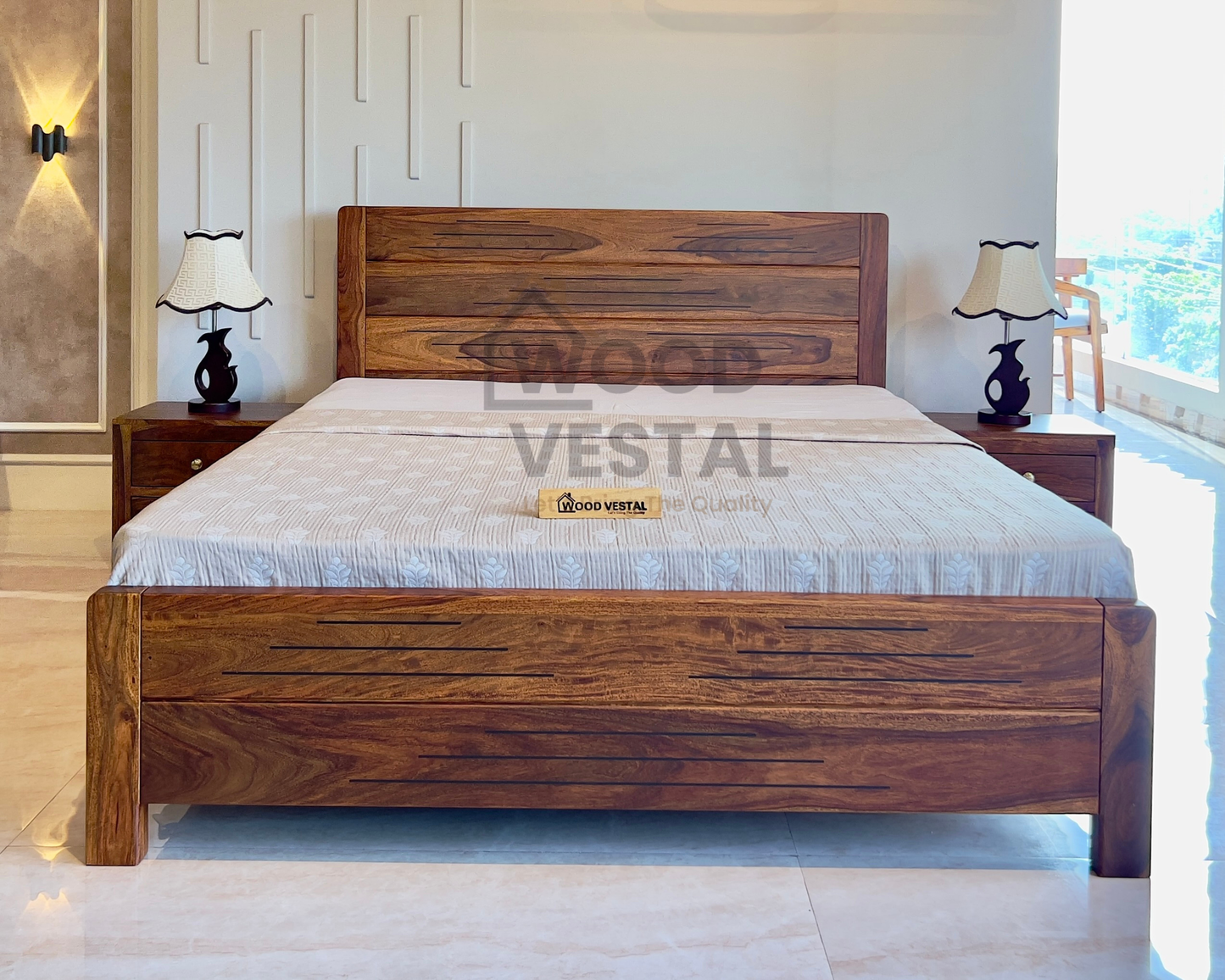 Sheesham Wood Bed Without Storage, Solid Wood in Natural Finish, Modern Design | King Size - Mattress Size (78"x72") | Bedroom Furniture | Without Mattress & Side Tables | Low Highted
