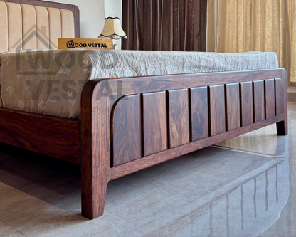 Wood Vestal Sheesham Wood Bed with Upholstered Head & Vertical Slat Foot, Solid Wood in Natural Finish, Modern Design | Queen Size - (78"x60") Without Mattress & Side Tables | Low Hight | WS - QVG - 5'