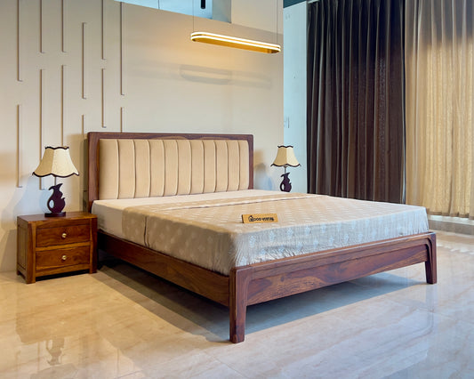 Sheesham Wood Modern Platform Bed with Upholstered Head Board, Solid Wood in Natural Finish, Modern Design | Queen Size - (78"x60") | Without Mattress & Side Tables | Low Highted