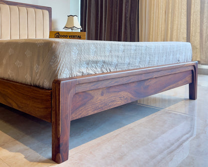 Sheesham Wood Modern Platform Bed with Upholstered Head Board, Solid Wood in Natural Finish, Modern Design | Sigle Bed | Mattress - (78"x48") | Without Mattress & Side Tables | Low Highted