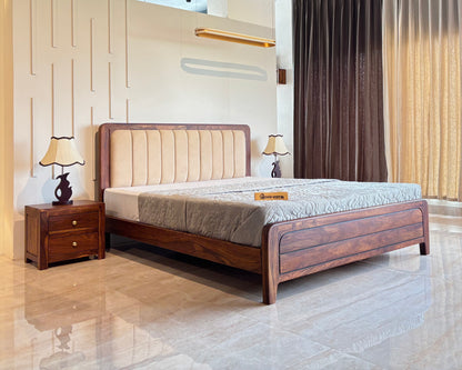 Wood Vestal Sheesham Wood Bed with Upholstered Head & Horizontal Foot, Solid Wood in Natural Finish, Modern Design | Queen Size - (78"x60") | Without Mattress & Side Tables | Low Hight | WS - QHG - 5'