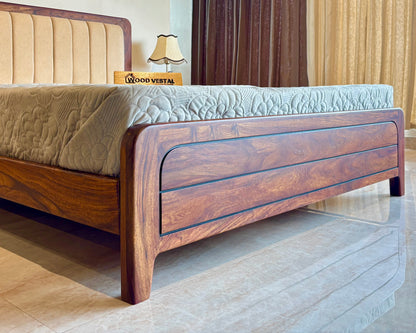 Wood Vestal Sheesham Wood Bed with Upholstered Head & Horizontal Foot, Solid Wood in Natural Finish, Modern Design | King Size - 78"x72" | Without Mattress & Side Tables | Low Hight | WS - QHG - 6'