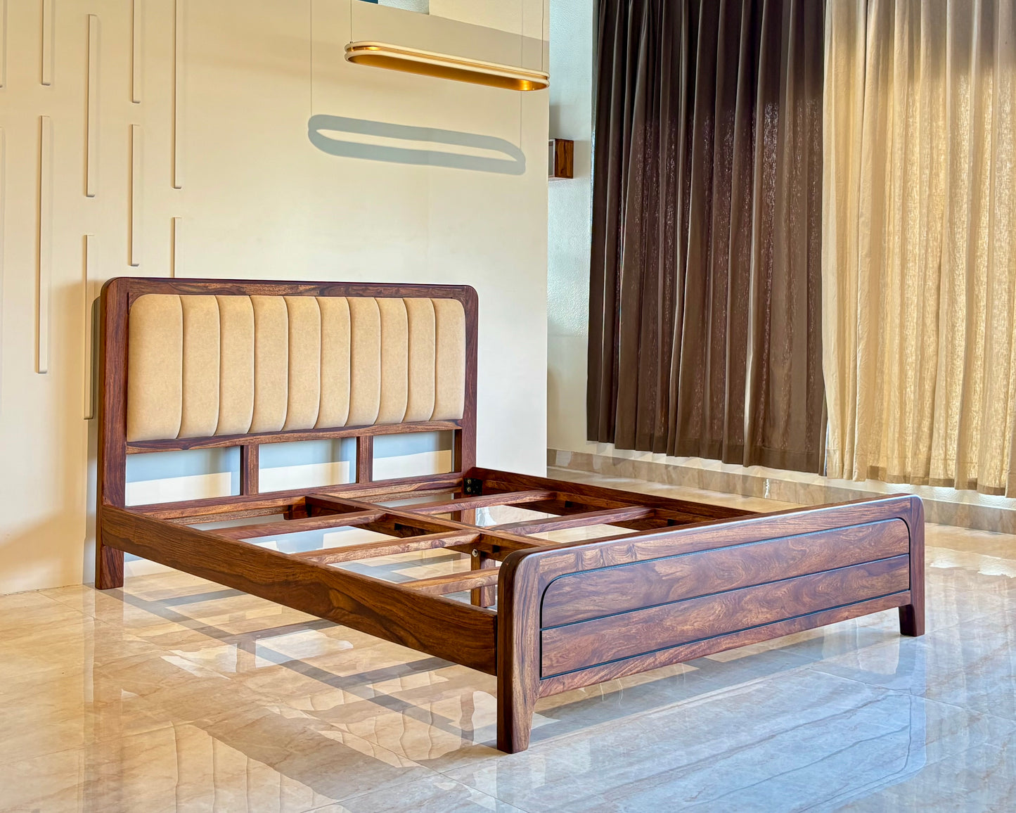 Wood Vestal Sheesham Wood Bed with Upholstered Head & Horizontal Foot, Solid Wood in Natural Finish, Modern Design | King Size - 78"x72" | Without Mattress & Side Tables | Low Hight | WS - QHG - 6'