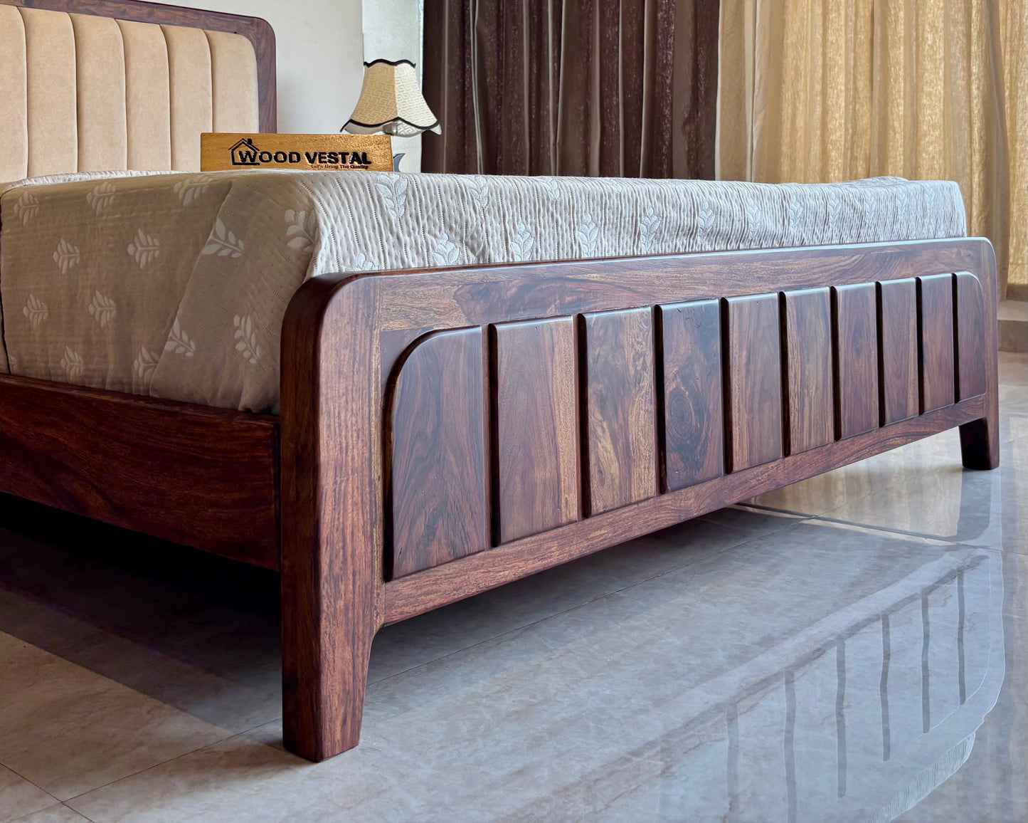 Wood Vestal Sheesham Wood Bed with Upholstered Head & Vertical Slat Foot, Solid Wood in Natural Finish, Modern Design | King Size - (78"x72") Without Mattress & Side Tables | Low Hight | WS - QVG - 6'