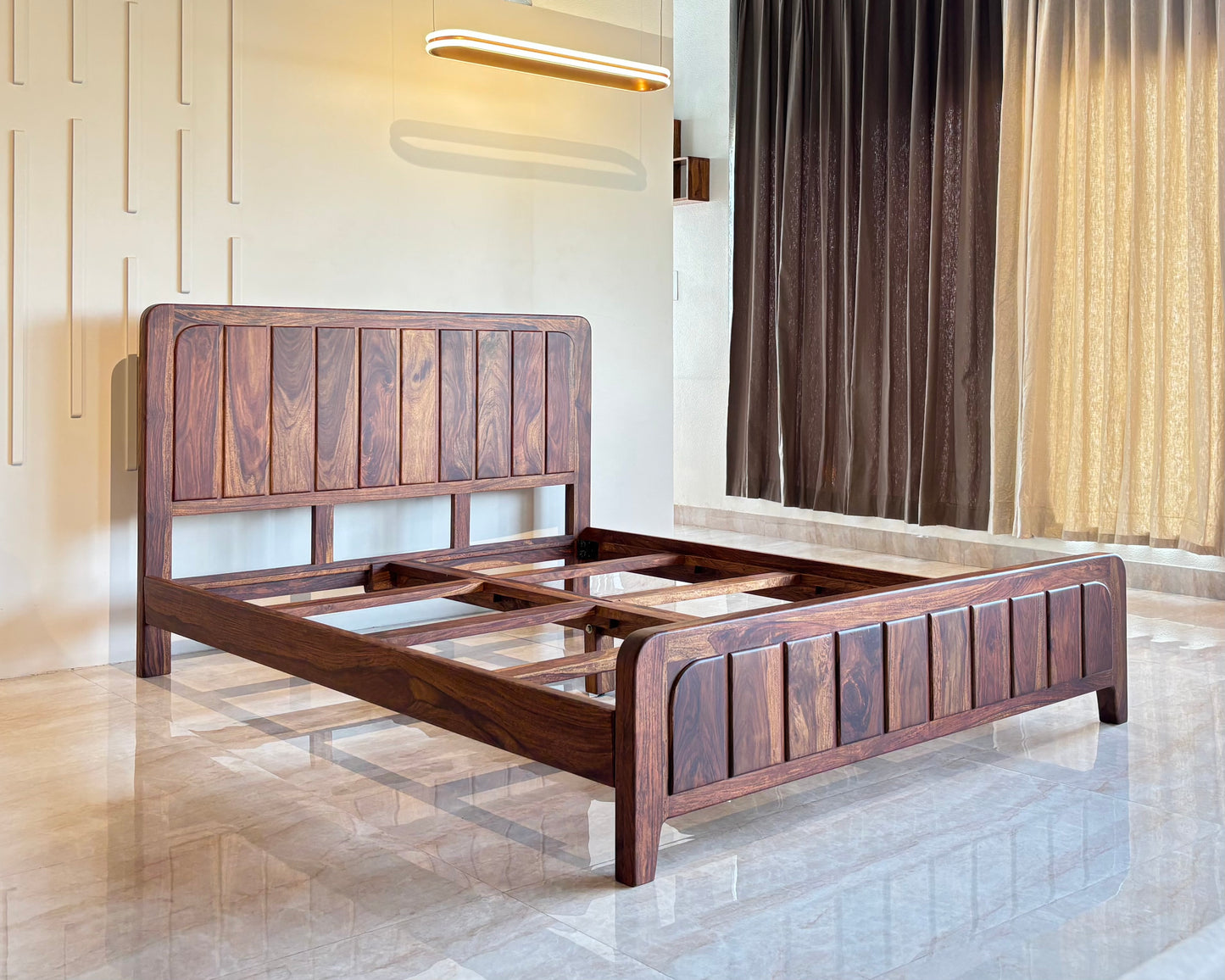 Wood Vestal Sheesham Wood Bed with Vertical Slat Head & Foot , Solid Wood in Natural Finish, Modern Design | King Size - (78"x72") | Without Mattress & Side Tables | Low Highted | WS - VG - 6'