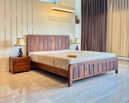 Wood Vestal Sheesham Wood Bed with Vertical Slat Head & Foot , Solid Wood in Natural Finish, Modern Design | Queen Size - (78"x60") | Without Mattress & Side Tables | Low Highted | WS - VG - 5'
