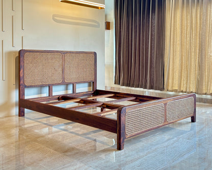 Wood Vestal Sheesham Wood Bed with Cane Rattan Headboard & Footboard, Solid Wood in Natural Finish, Modern Design | Queen Size - (78"x60") | Without Mattress & Side Tables | Low Highted | WS -CN - 5'