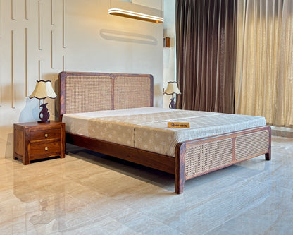 Wood Vestal Sheesham Wood Bed with Cane Rattan Headboard & Footboard, Solid Wood in Natural Finish, Modern Design | Queen Size - (78"x60") | Without Mattress & Side Tables | Low Highted | WS -CN - 5'