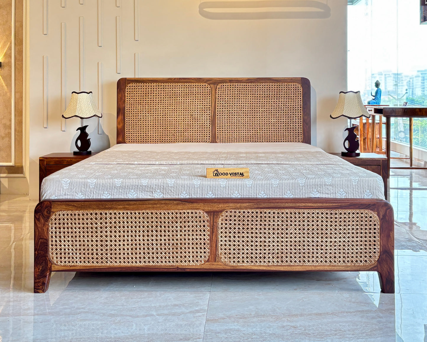 Wood Vestal Sheesham Wood Bed with Cane Rattan Headboard & Footboard, Solid Wood in Natural Finish, Modern Design | Queen Size - (78"x60") | Without Mattress & Side Tables | Low Highted | WS -CN - 5'