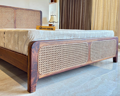 Wood Vestal Sheesham Wood Bed with Cane Rattan Headboard & Footboard, Solid Wood in Natural Finish, Modern Design | Queen Size - (78"x60") | Without Mattress & Side Tables | Low Highted | WS -CN - 5'