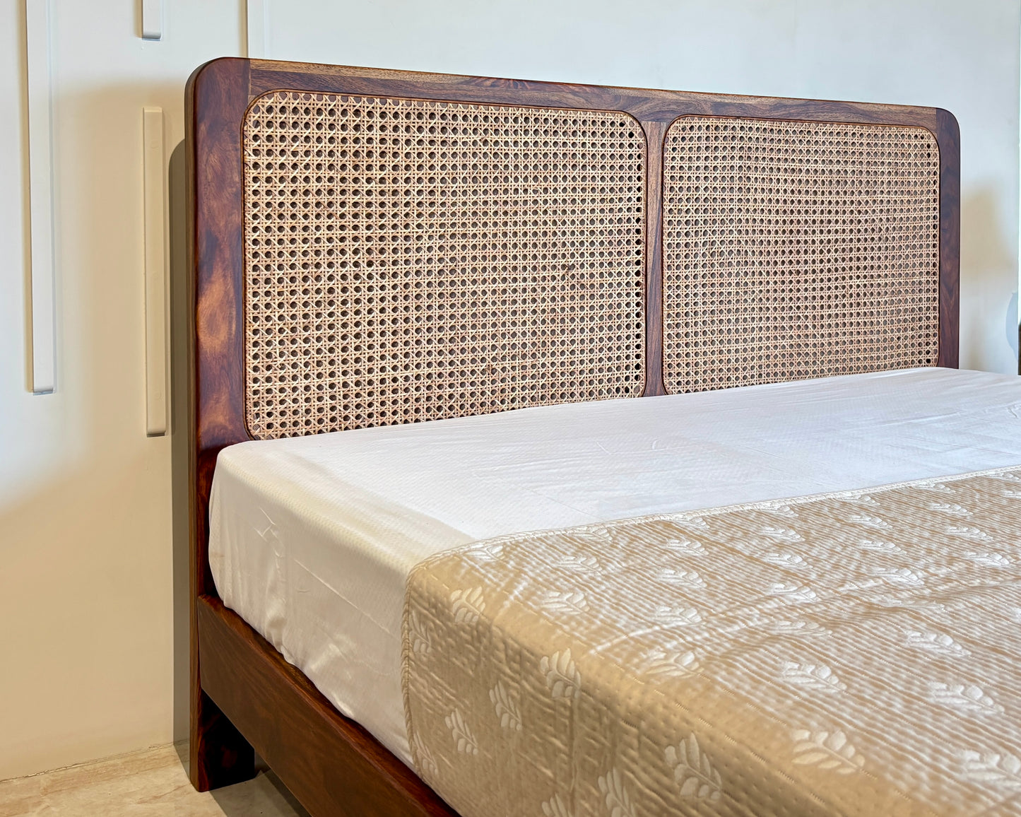 Wood Vestal Sheesham Wood Bed with Cane Rattan Headboard & Footboard, Solid Wood in Natural Finish, Modern Design | Queen Size - (78"x60") | Without Mattress & Side Tables | Low Highted | WS -CN - 5'