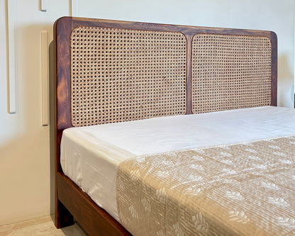 Wood Vestal Sheesham Wood Bed with Cane Rattan Headboard & Footboard, Solid Wood in Natural Finish, Modern Design | Queen Size - (78"x60") | Without Mattress & Side Tables | Low Highted | WS -CN - 5'