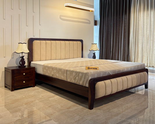 Wood Vestal Sheesham Wood Bed with Upholstered Head & Foot, Solid Wood, Modern Design | King Size - (78"x72") | Without Mattress & Side Tables | Low Highted | WS - DQ - 6' |  Walnut Finish