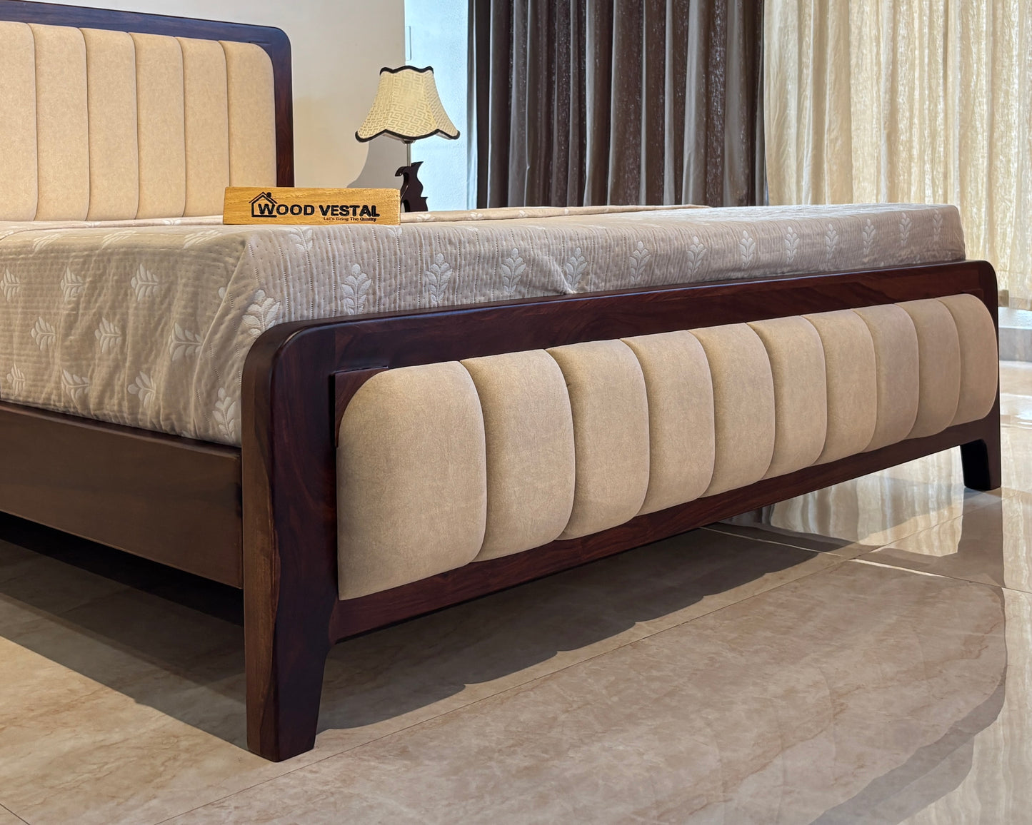 Wood Vestal Sheesham Wood Bed with Upholstered Head & Foot, Solid Wood, Modern Design | King Size - (78"x72") | Without Mattress & Side Tables | Low Highted | WS - DQ - 6' |  Walnut Finish
