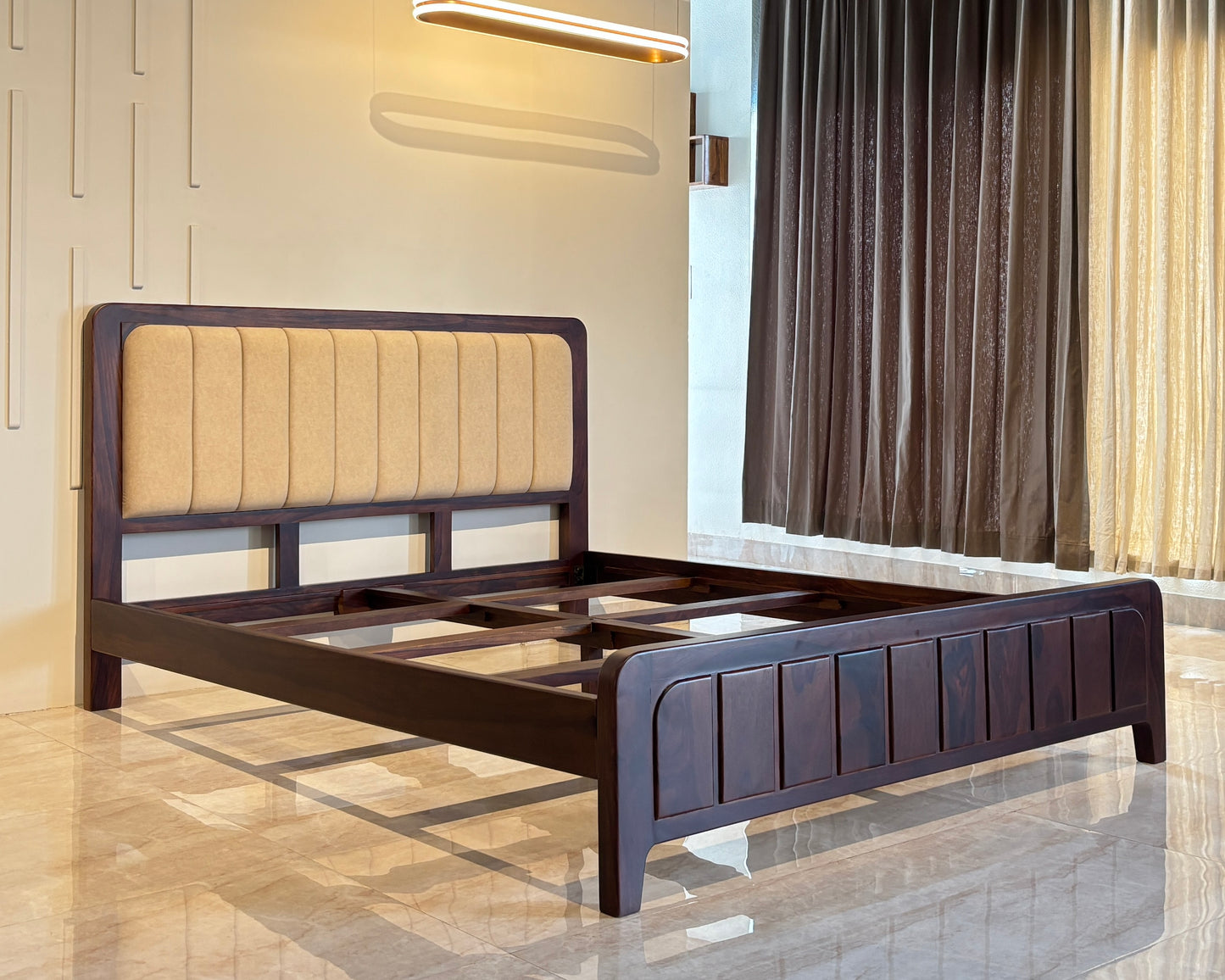 Wood Vestal Sheesham Wood Bed with Upholstered Head & Vertical Slat Foot, Solid Wood in Natural Finish, Modern Design | King Size - (78"x72") Without Mattress & Side Tables | Low Hight | WS - QVG - 6 - D