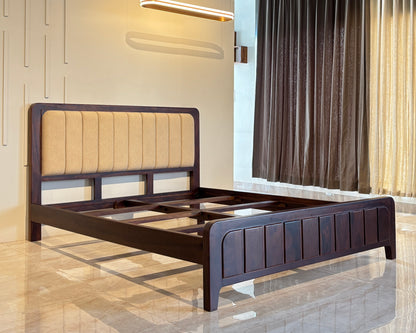Wood Vestal Sheesham Wood Bed with Upholstered Head & Vertical Slat Foot, Solid Wood in Natural Finish, Modern Design | King Size - (78"x72") Without Mattress & Side Tables | Low Hight | WS - QVG - 6 - D