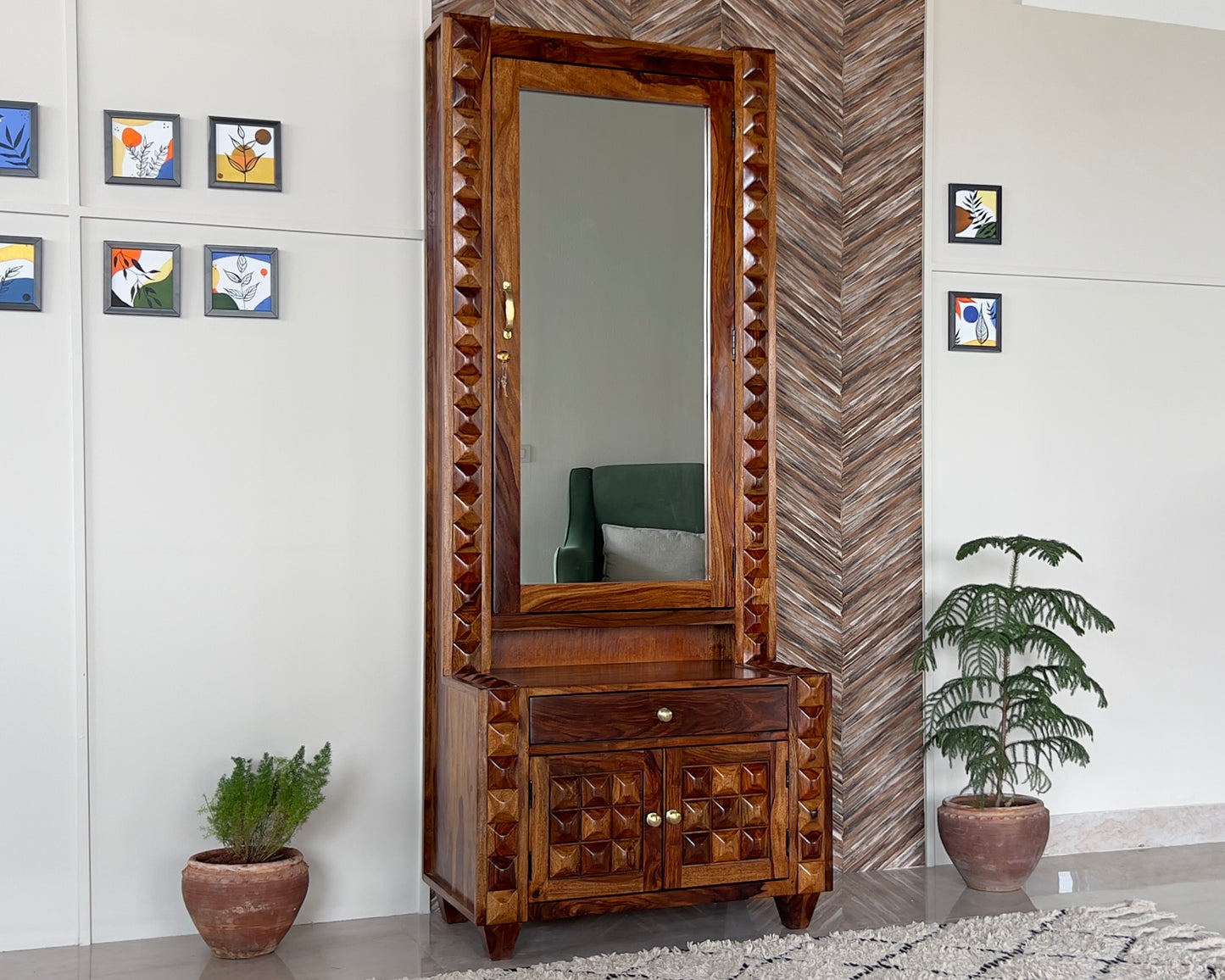 Sheesham Wood Dressing Table - Wooden Diamond Design | Wooden Dressing Table for Bedroom