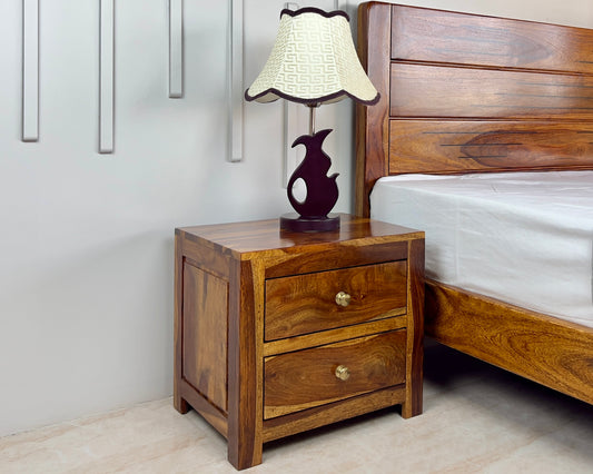 Sheesham Wood Bedside Table with 2 Drawers, Natural Finish, Brass Handles, Wooden Nightstand