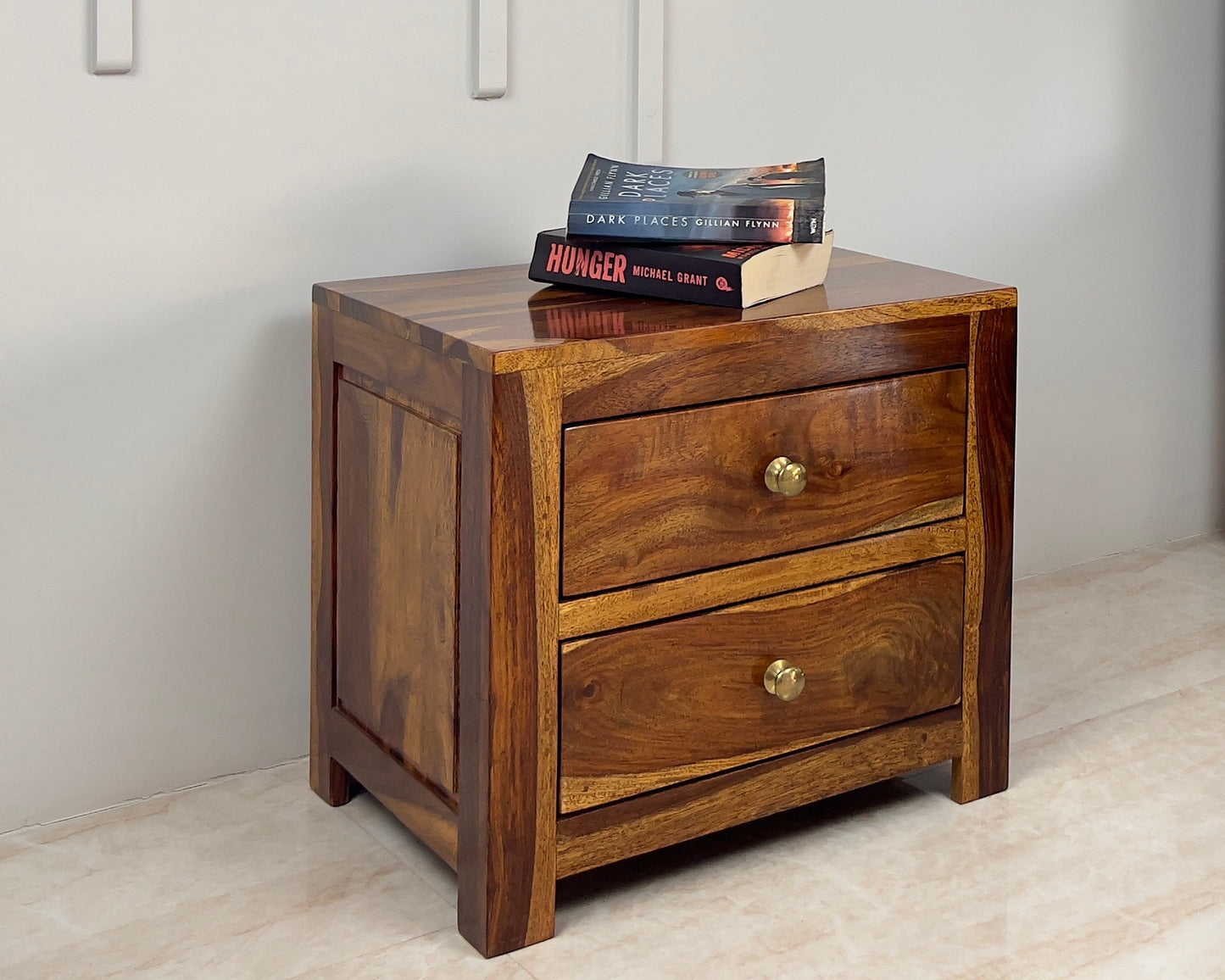 Sheesham Wood Bedside Table with 2 Drawers, Natural Finish, Brass Handles, Wooden Nightstand