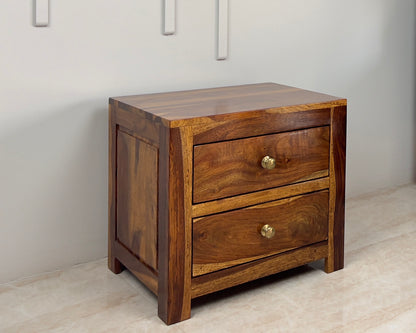 Sheesham Wood Bedside Table with 2 Drawers, Natural Finish, Brass Handles, Wooden Nightstand