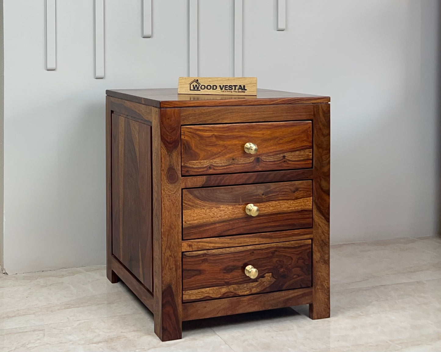 Wood Vestal Sheesham Wood Bedside Table with 3 Drawers | Natural Finish | Brass Handles | Wooden Nightstand