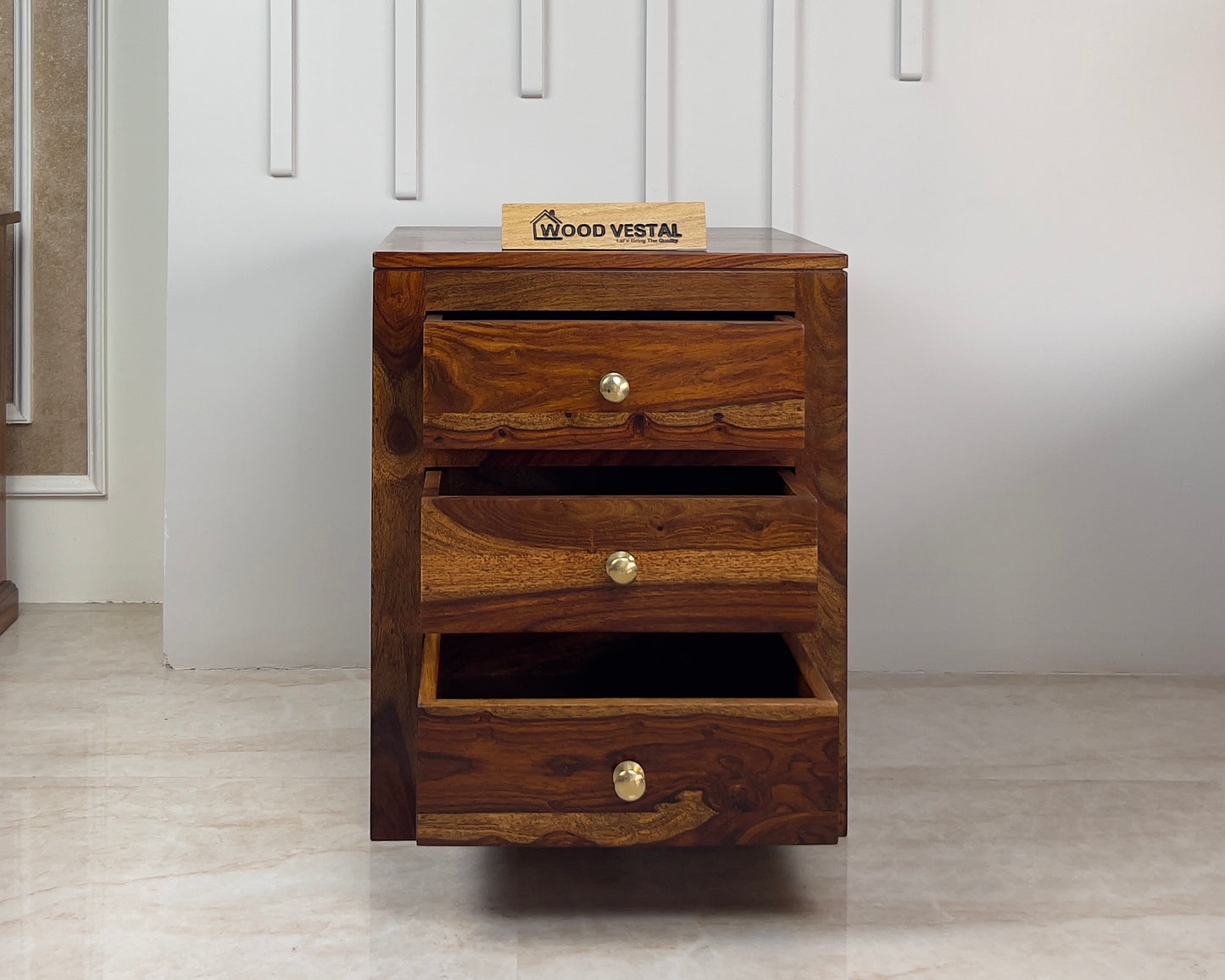 Wood Vestal Sheesham Wood Bedside Table with 3 Drawers | Natural Finish | Brass Handles | Wooden Nightstand