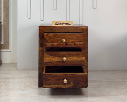 Wood Vestal Sheesham Wood Bedside Table with 3 Drawers | Natural Finish | Brass Handles | Wooden Nightstand
