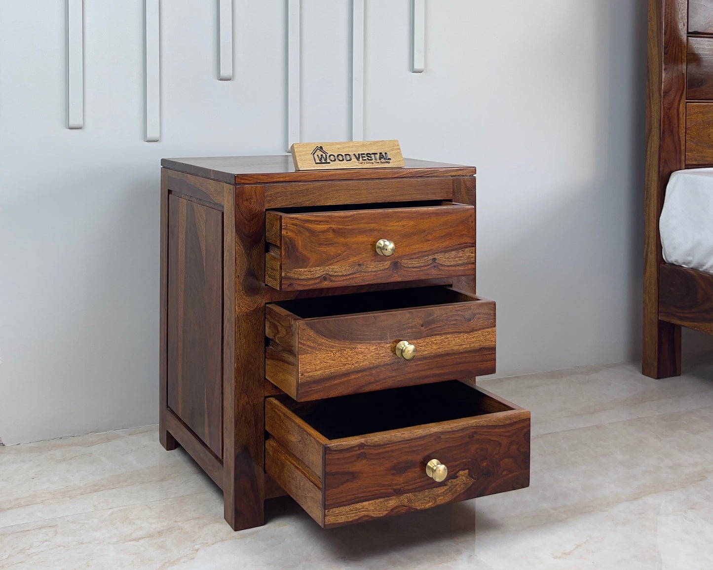 Wood Vestal Sheesham Wood Bedside Table with 3 Drawers | Natural Finish | Brass Handles | Wooden Nightstand