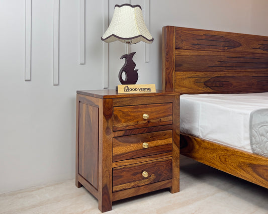 Wood Vestal Sheesham Wood Bedside Table with 3 Drawers | Natural Finish | Brass Handles | Wooden Nightstand