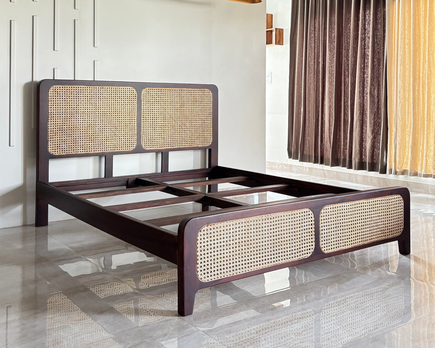 Wood Vestal Sheesham Wood Bed with Cane Rattan Headboard & Footboard, Solid Wood in Natural Finish, Modern Design | Queen Size - (78"x60") | Without Mattress & Side Tables | Low Highted | WS -CN - 5 - D