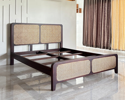 Wood Vestal Sheesham Wood Bed with Cane Rattan Headboard & Footboard, Solid Wood in Natural Finish, Modern Design | Queen Size - (78"x60") | Without Mattress & Side Tables | Low Highted | WS -CN - 5 - D