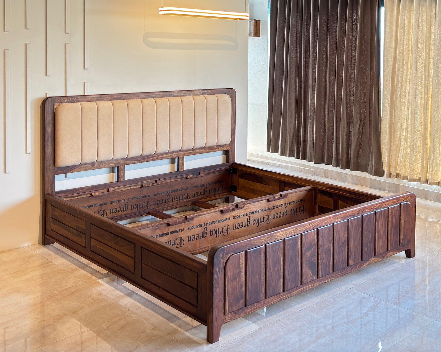Wood Vestal Sheesham Wood Bed with Upholstered Head & Vertical Slat Foot, Solid Wood in Natural Finish, Modern Design | Queen Size - (78"x60") Without Mattress & Side Tables | With Storage | Storage - QVG - 5 - N