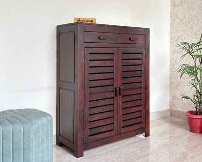 Sheesham Wood Shoe Rack with Drawers - Walnut Finish