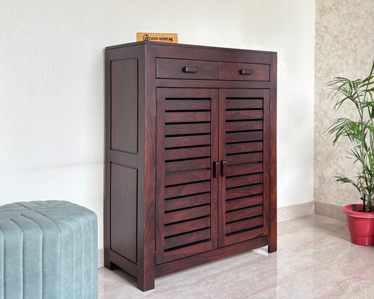 Sheesham Wood Shoe Rack with Drawers - Walnut Finish