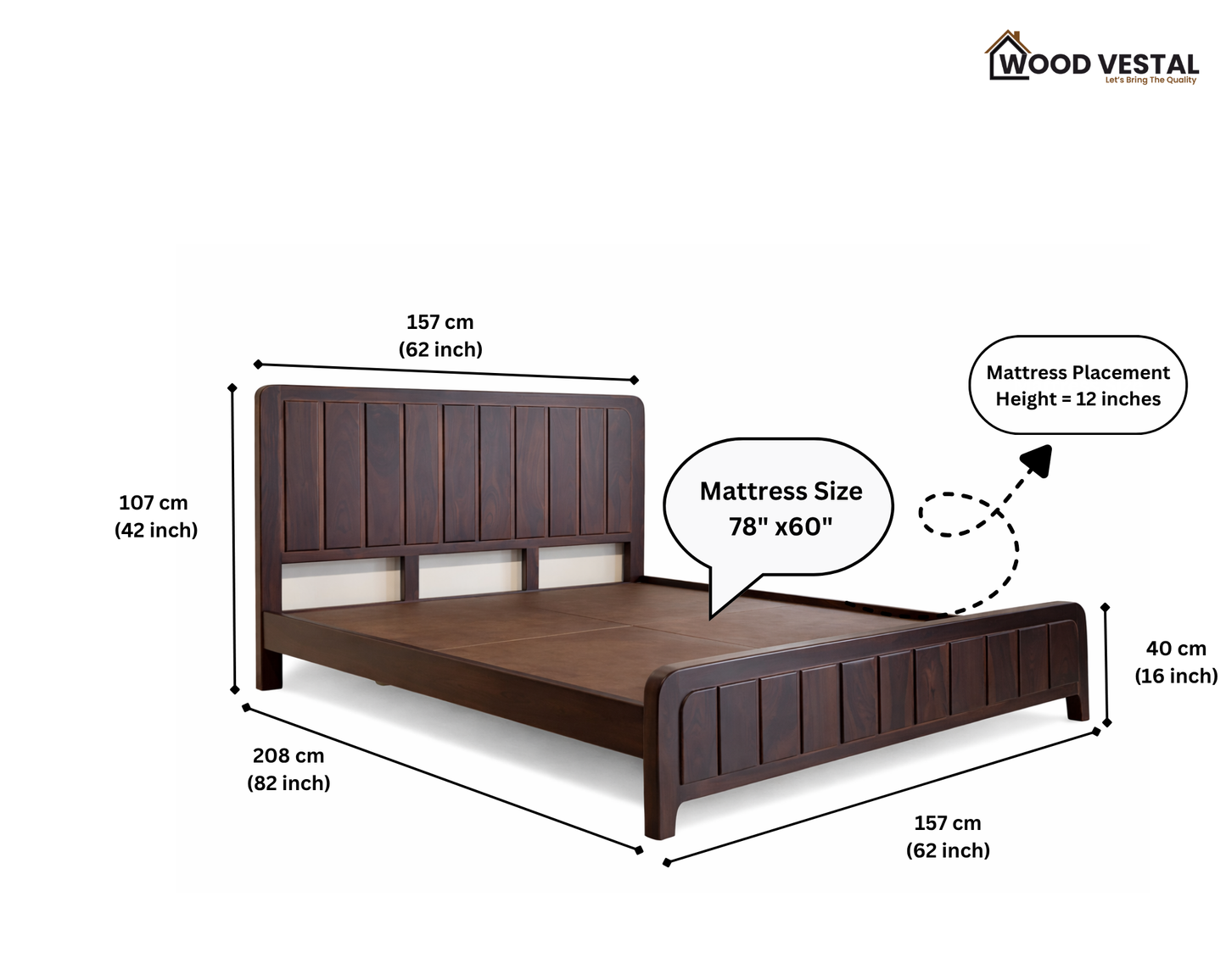 Wood Vestal Sheesham Wood Bed with Vertical Slat Head & Foot , Solid Wood in Natural Finish, Modern Design | Queen Size - (78"x60") | Without Mattress & Side Tables | Low Highted | WS - VG - 5 - D