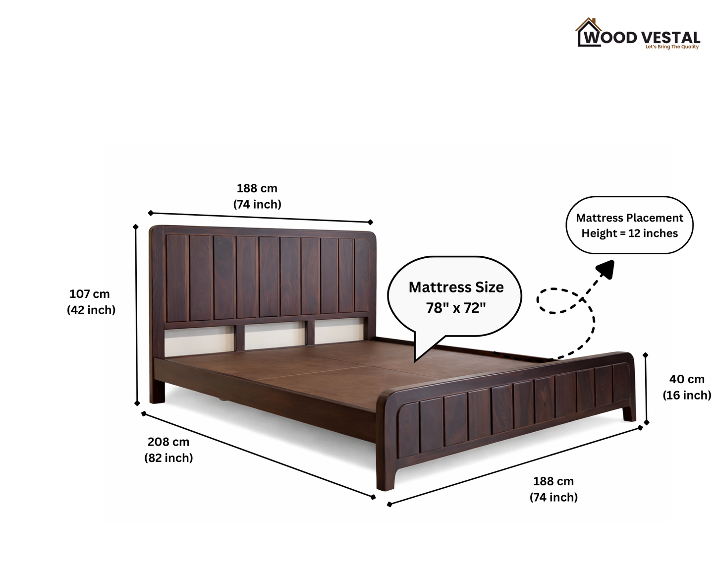 Wood Vestal Sheesham Wood Bed with Vertical Slat Head & Foot , Solid Wood in Natural Finish, Modern Design | King Size - (78"x72") | Without Mattress & Side Tables | Low Highted | WS - VG - 6 - D