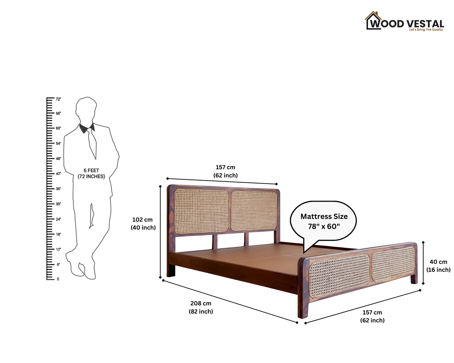 Wood Vestal Sheesham Wood Bed with Cane Rattan Headboard & Footboard, Solid Wood in Natural Finish, Modern Design | Queen Size - (78"x60") | Without Mattress & Side Tables | Low Highted | WS -CN - 5'