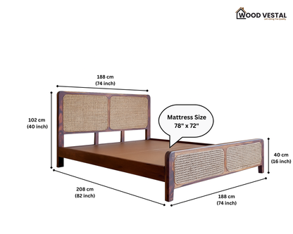 Wood Vestal Sheesham Wood Bed with Cane Rattan Headboard & Footboard, Solid Wood in Natural Finish, Modern Design | King Size - (78"x72") | Without Mattress & Side Tables | Low Highted | WS -CN - 6'