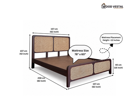 Wood Vestal Sheesham Wood Bed with Cane Rattan Headboard & Footboard, Solid Wood in Natural Finish, Modern Design | Queen Size - (78"x60") | Without Mattress & Side Tables | Low Highted | WS -CN - 5 - D