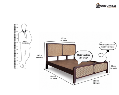 Wood Vestal Sheesham Wood Bed with Cane Rattan Headboard & Footboard, Solid Wood in Natural Finish, Modern Design | Queen Size - (78"x60") | Without Mattress & Side Tables | Low Highted | WS -CN - 5 - D