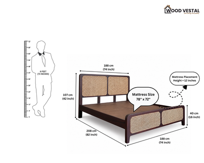 Wood Vestal Sheesham Wood Bed with Cane Rattan Headboard & Footboard, Solid Wood in Natural Finish, Modern Design | King Size - (78"x72") | Without Mattress & Side Tables | Low Highted | WS -CN - 6 - D